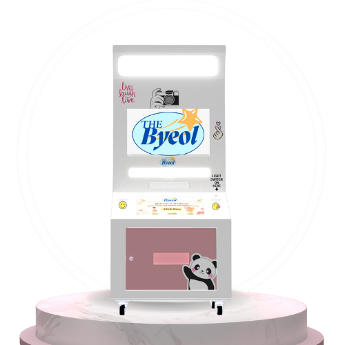 Tall kiosk-style booth with panda graphic